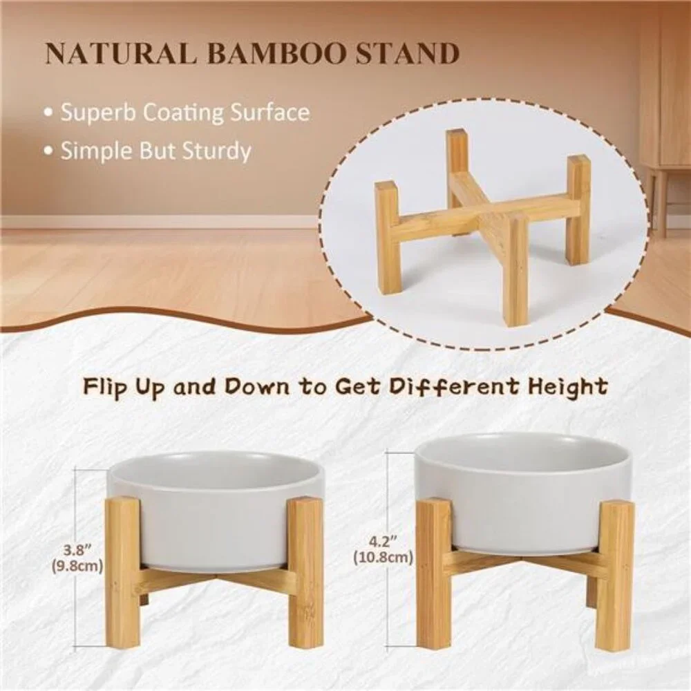 Elevated Ceramic Cat Bowl - Cat Food Bowl with Bamboo Stand - Raised Dog Dish